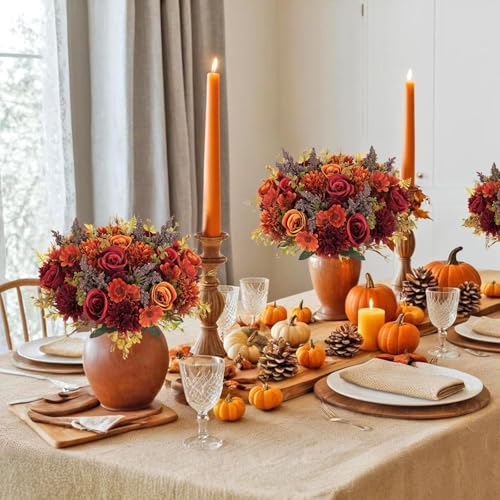 Prplet Artificial Flower Bouquet for Home Decoration – 2 Pcs Faux Rose & Daisy Bouquet (Without Pot) Artificial Flowers for Living Room, Bedroom, Office, Vase Decoration (Maroon/Orange) - Image 4