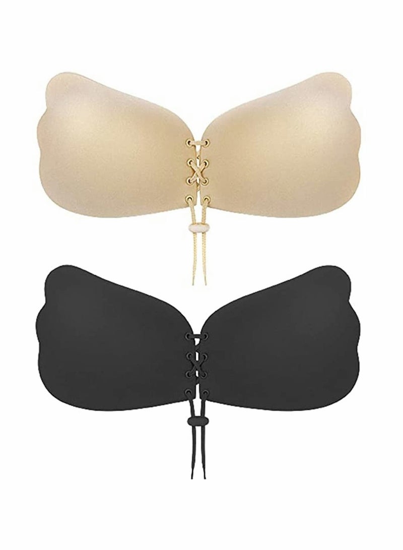 KASTWAVE Underwear Invisible Chest Stickers, Pull Up Bra Sticky Bra, Push Up Bra Open Back Strapless Bra, No Steel Ring Gathers Breathable Silicone Bra (One Each In Black And Nude, Size M) - Image 1