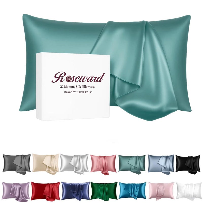 ROSEWARD 22 Momme Silk Pillowcase for Hair and Skin Made in USA,100% Pure Mulberry Silk Pillow Cases, 6A Grade Natural Organic Silk, Oeko-TEX Certified, Anti Aging, 1 Pack 20"x26" (Standard, Mineral Blue) - Image 1