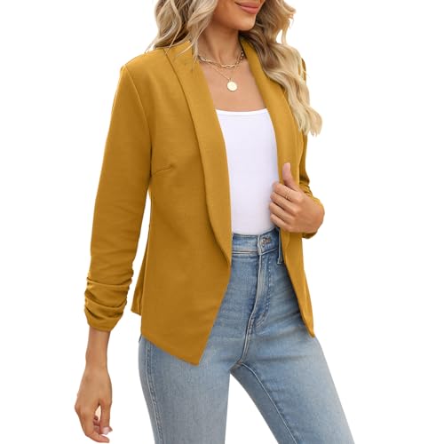 POGTMM Fall Blazers for Women Casual Jackets 3/4 Sleeve Ruched Work Office Suits (S, Mustard) - Image 4