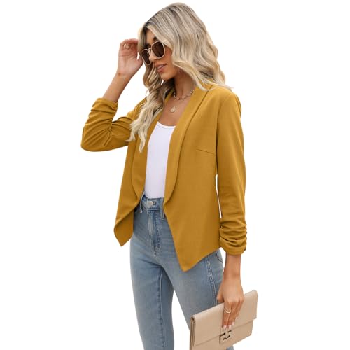 POGTMM Fall Blazers for Women Casual Jackets 3/4 Sleeve Ruched Work Office Suits (S, Mustard) - Image 5