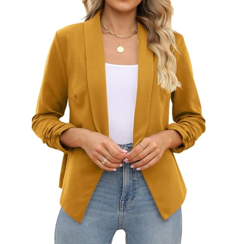 POGTMM Fall Blazers for Women Casual Jackets 3/4 Sleeve Ruched Work Office Suits (S, Mustard) - Image 3
