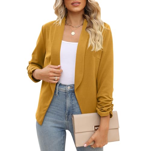 POGTMM Fall Blazers for Women Casual Jackets 3/4 Sleeve Ruched Work Office Suits (S, Mustard) - Image 1