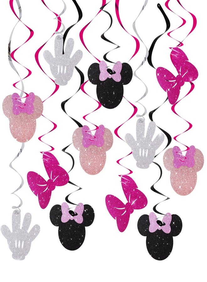 BEISHIDA 16 Pcs Mouse Hanging Swirl Decorations, Pre-Strung Mouse Birthday Party Decorations Pink and Black Mouse Theme Party Supplies for Kids - Image 1