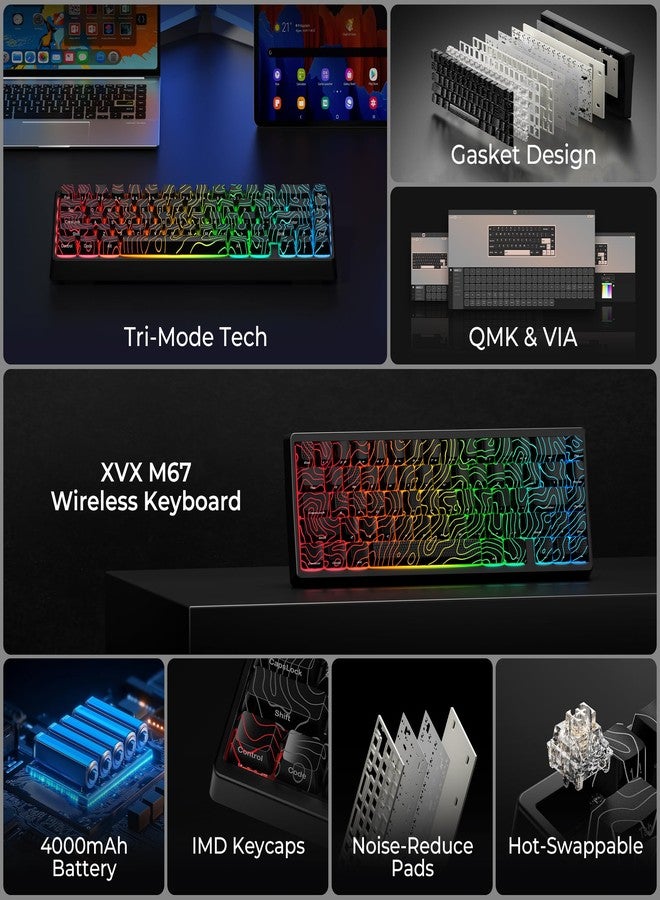 HITIME x XVX M67 60% Wireless Keyboard, QMK/VIA Survey Keyboard, Three-Mode Creamy Mechanical Keyboard, Hot Swappable Mount, RGB IMD Technology for Win/Mac, Black - Image 2
