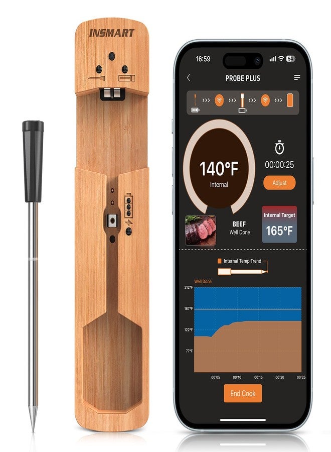 INSMART Wireless Smart Meat Thermometer,330FT Bluetooth Range,100% Waterproof,Precision Cooking Grilling,Multi Sensors,for BBQ,Oven,Grill,Kitchen,Smoker, Rotisserie Turkey Beef (Wood) - Image 1