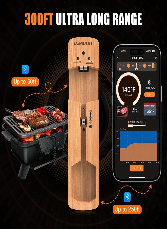 INSMART Wireless Smart Meat Thermometer,330FT Bluetooth Range,100% Waterproof,Precision Cooking Grilling,Multi Sensors,for BBQ,Oven,Grill,Kitchen,Smoker, Rotisserie Turkey Beef (Wood) - Image 2