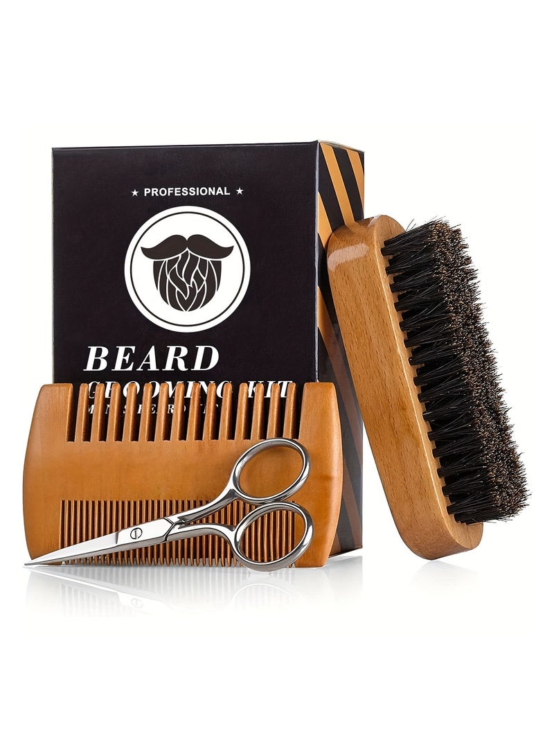 Beard Essentials Wooden Beard & Hair Comb Set for Men – Premium Grooming Kit with Wooden Comb, Beard Brush & Scissors – Perfect for Styling Beards, Mustaches & Head Hair – Great Father’s Day Gift - Image 1