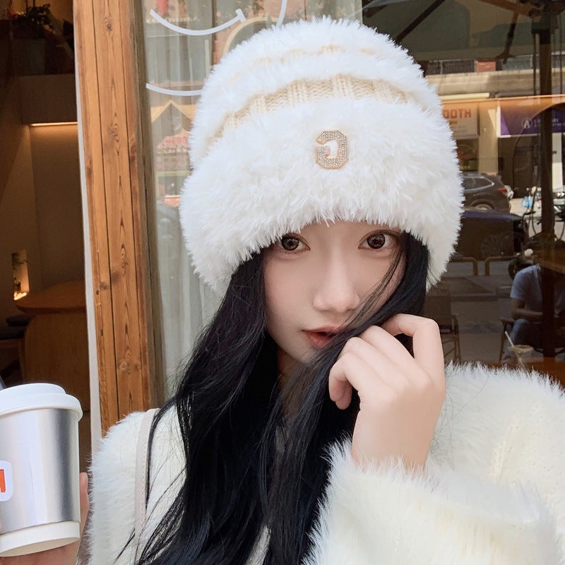 Korean Winter Knitted Beanie Rhinestone Letter Hat Warm Thick Earflap - Image 4