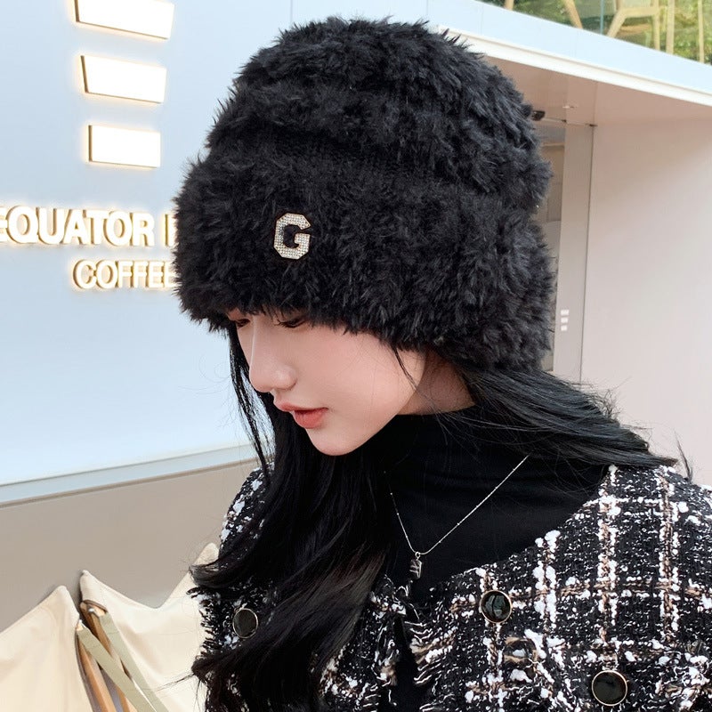 Korean Winter Knitted Beanie Rhinestone Letter Hat Warm Thick Earflap - Image 2