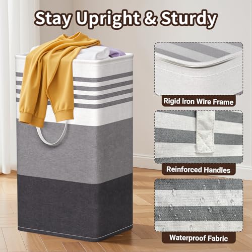 WOWBOX 2 Pack Laundry Baskets, Laundry Hampers, Freestanding Dirty Clothes Hampers with Reinforced Handles & Cross Stitch & Waterproof Coating, for Laundry Bedroom Bathroom Dorm,88L Grey - Image 3