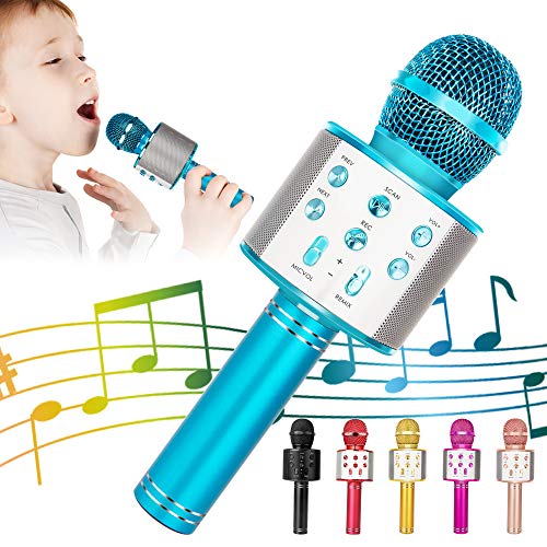KIDWILL Wireless Bluetooth Karaoke Microphone for Kids 5in1 Portable Handheld Karaoke Mic Speaker Player Recorder with Adjustable Remix FM Radio for Kids Girls Boys Teens Birthday Blue - Image 1