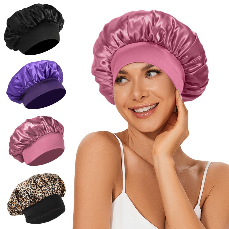 4Pcs Satin Bonnet Silk Bonnet, Hair Bonnet for Sleeping, Elastic Wide Band Silk Sleep Cap, Soft and Breathable Silk Hair Wrap for Sleeping (Black Purple Rose Leopard)
