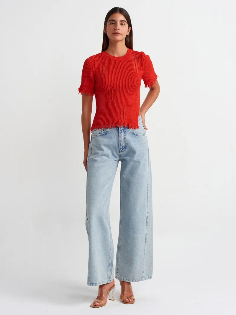 ديلفين 10555 Crew Neck Ripped Detailed Knitwear Sweater-Red