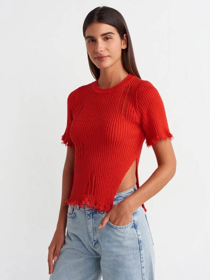 ديلفين 10555 Crew Neck Ripped Detailed Knitwear Sweater-Red