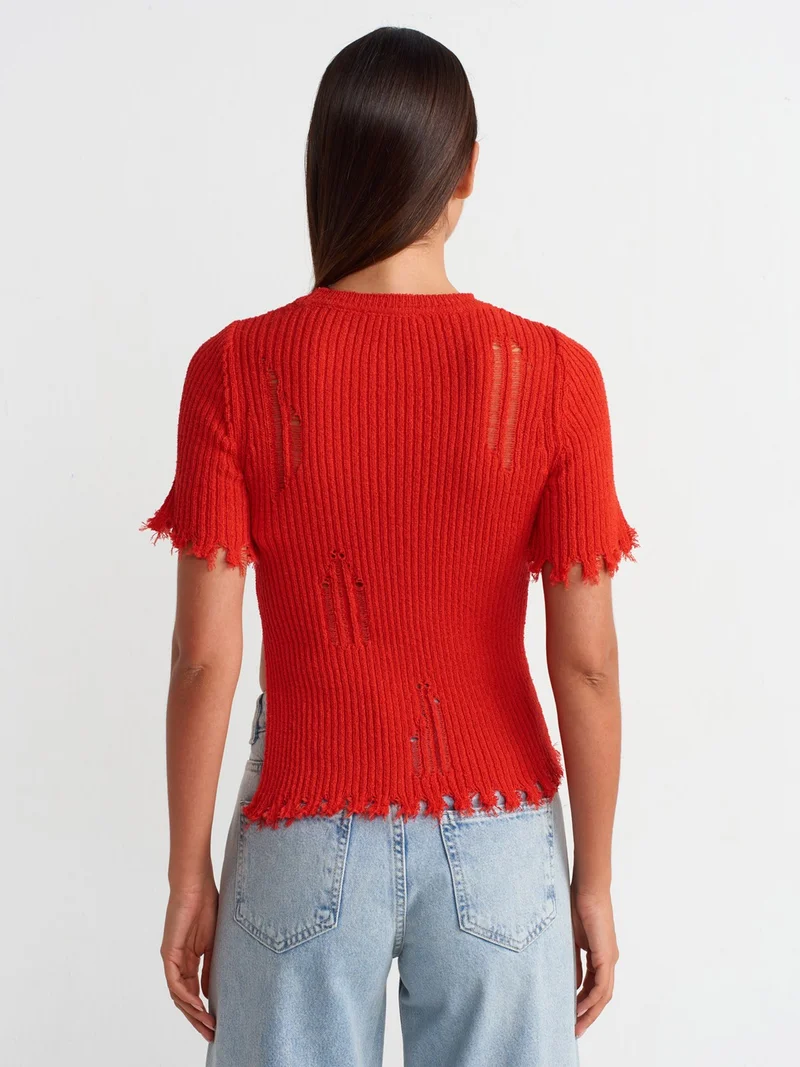 ديلفين 10555 Crew Neck Ripped Detailed Knitwear Sweater-Red