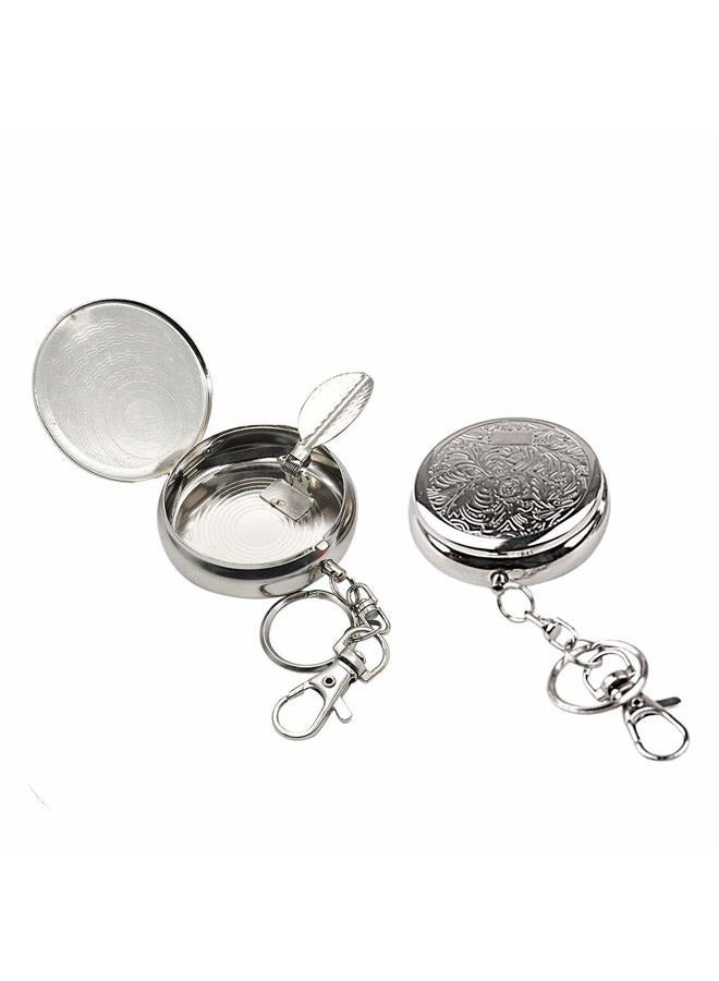 2pc Portable Pocket Ashtray/Vehicle Cigarette Ashtray, Mini Stainless Steel Ashtray with Key Chain and Cigarette Snuffer, Modern Ash Holder for Outdoor Use (Carved Pattern)