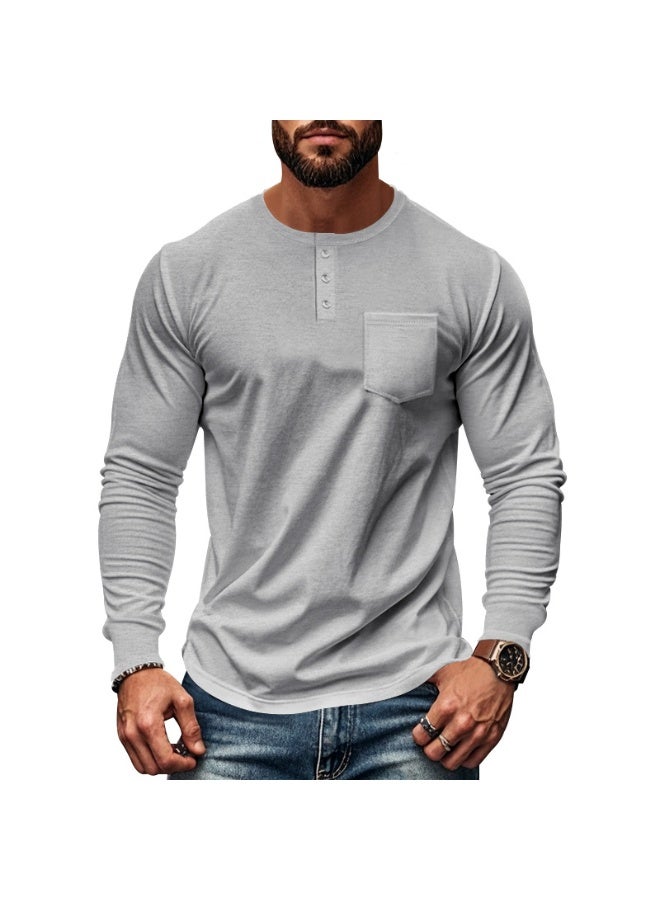 Men's Crew Neck Tee Long Sleeve T-Shirt with Chest Pocket Solid Color Casual Top for Daily Wear Work And Outdoor Activities - Image 1
