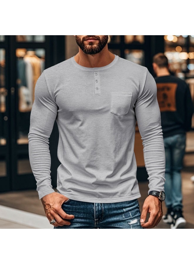 Men's Crew Neck Tee Long Sleeve T-Shirt with Chest Pocket Solid Color Casual Top for Daily Wear Work And Outdoor Activities - Image 2