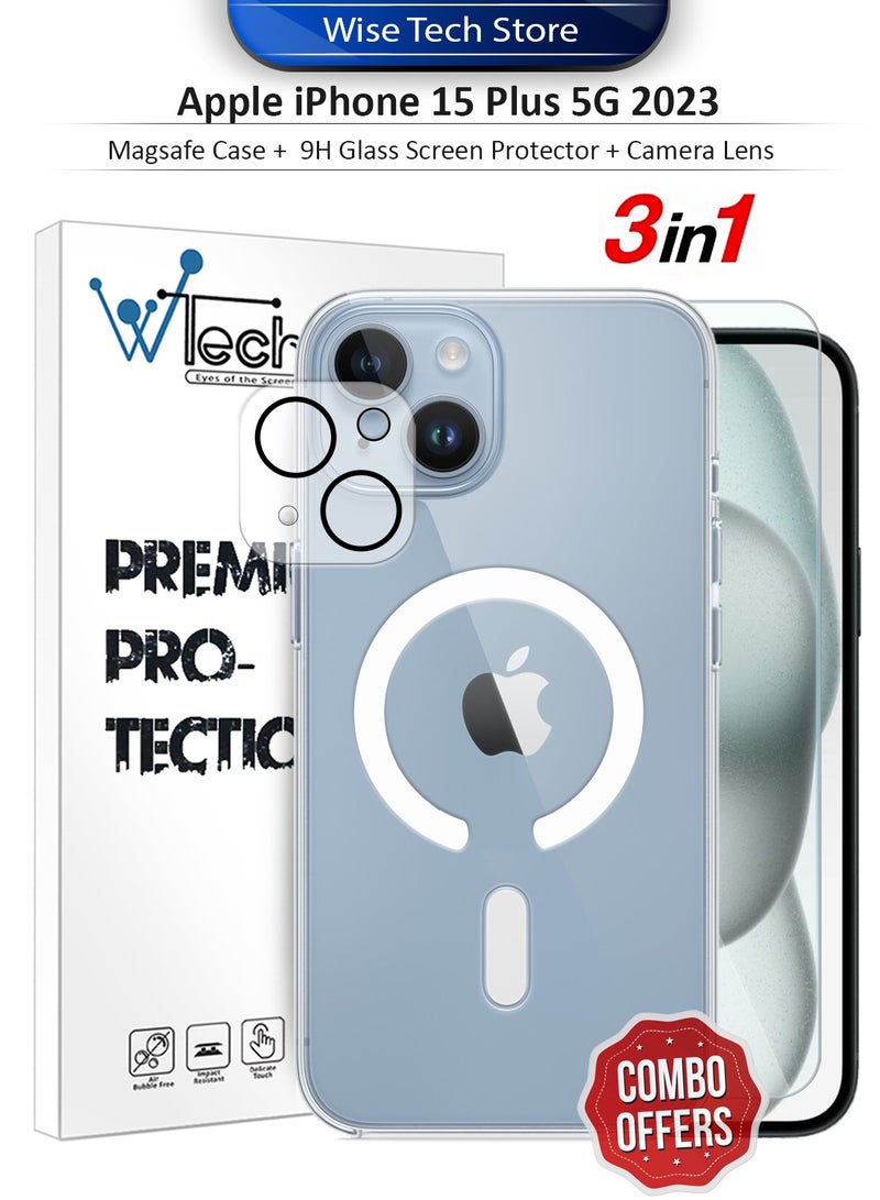 Wtech Apple iPhone 15 Plus 5G 2023 3 in 1 Protection Pack Ultra Clear Shockproof Magsafe Case, 9H Glass Screen Protector and Camera Lens Protector 360 Protection, Easy Installation - Clear/Black - Image 1