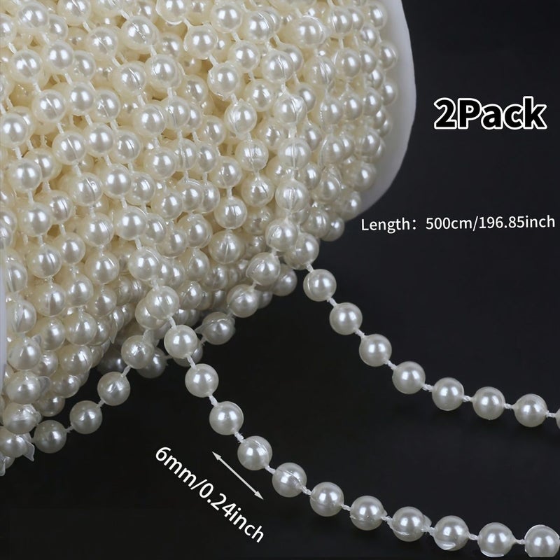 White 2Pcs 500cm Artificial Pearl Garland Wedding Curtain Decoration - Image 1