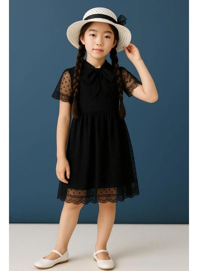 Perendi Black Girl Dress with Hat and Hostess Collar Details.