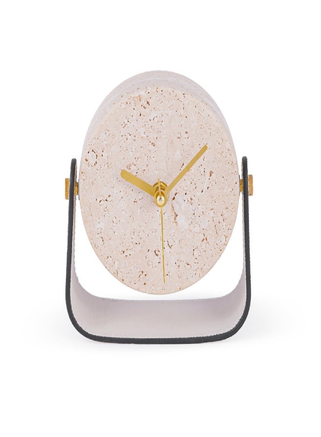 Layers ساعة طاولة باللون البيج – حجر ترافرتين طبيعي مع لمسة جلدية ودبابيس معدنية – 23 × 23 × 12.5 سم - Image 2