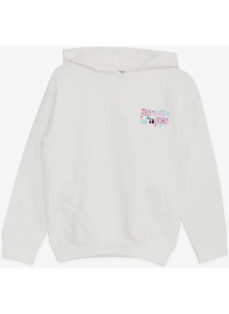 Breeze Girl's Sweatshirt Kangaroo Pocket Text Printed Laced Ecru