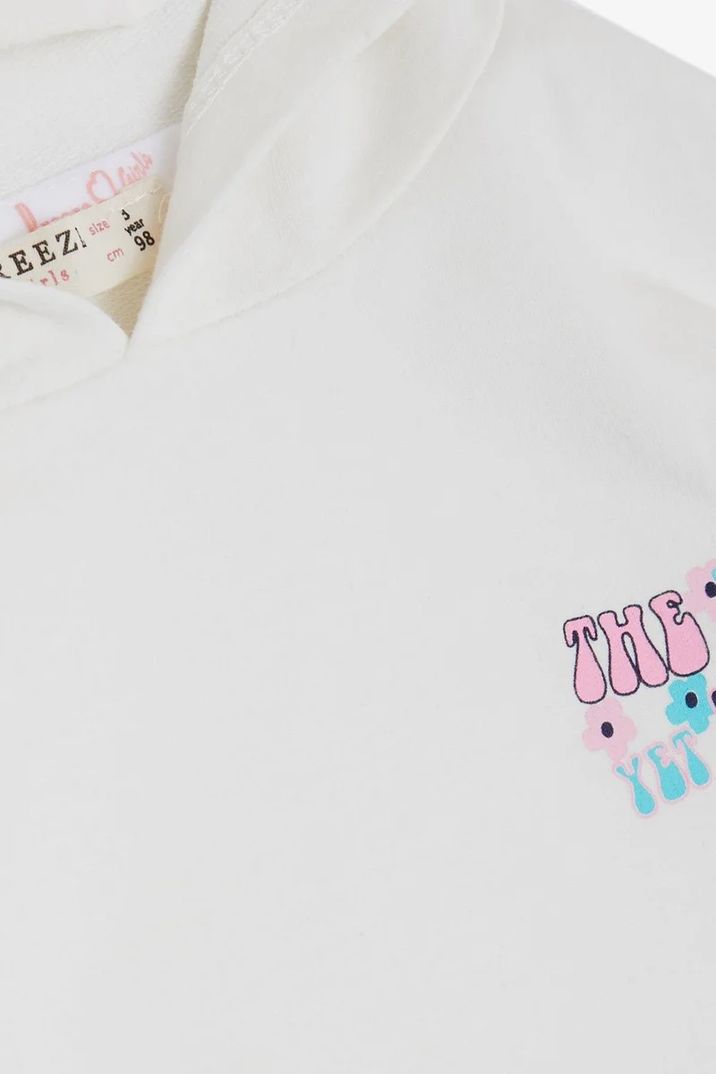 بريز Girl's Sweatshirt Kangaroo Pocket Text Printed Laced Ecru