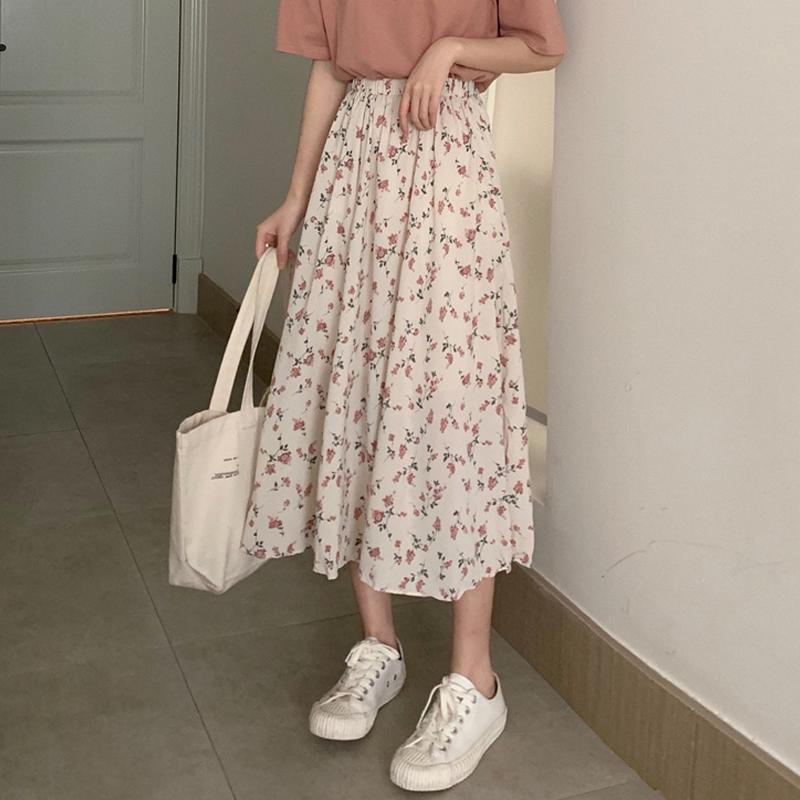 Foreign Trade 2025 A-Line Floral Fairy Ultra-Fairy Style Fairy-Like Fresh Slimming Elegant Long Skirt Apricot floral skirt