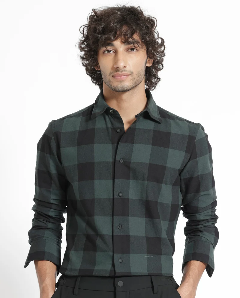 رير رابِت Rare Rabbit Men's Byre Dark Green Full Sleeves Checks Shirt