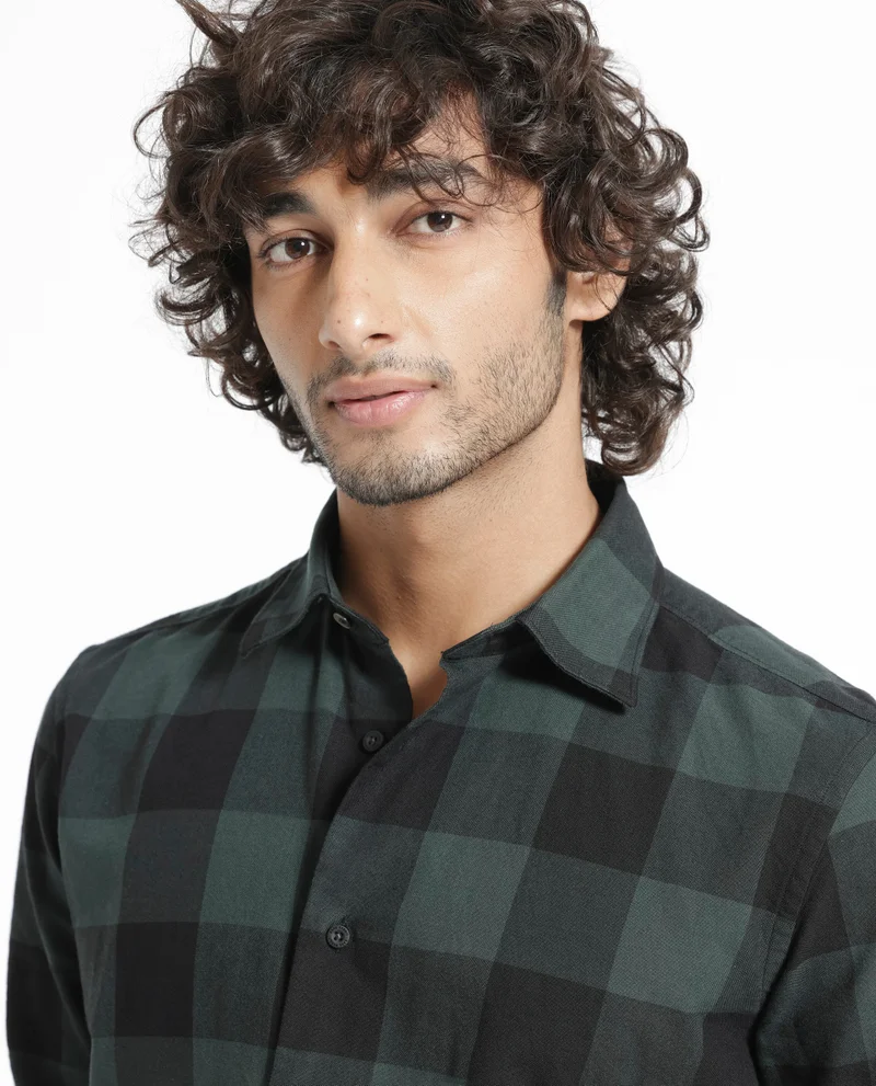 رير رابِت Rare Rabbit Men's Byre Dark Green Full Sleeves Checks Shirt