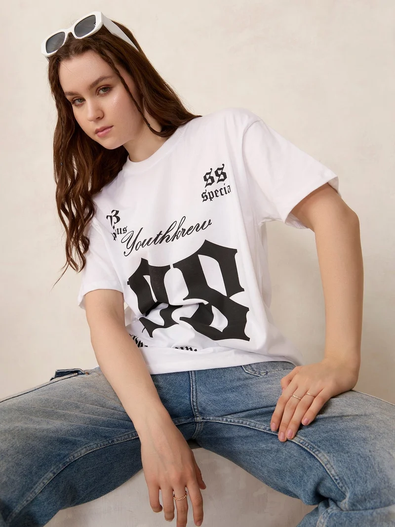 Outzidr white White Graphic Oversized T-Shirt for Women | Best Price UAE