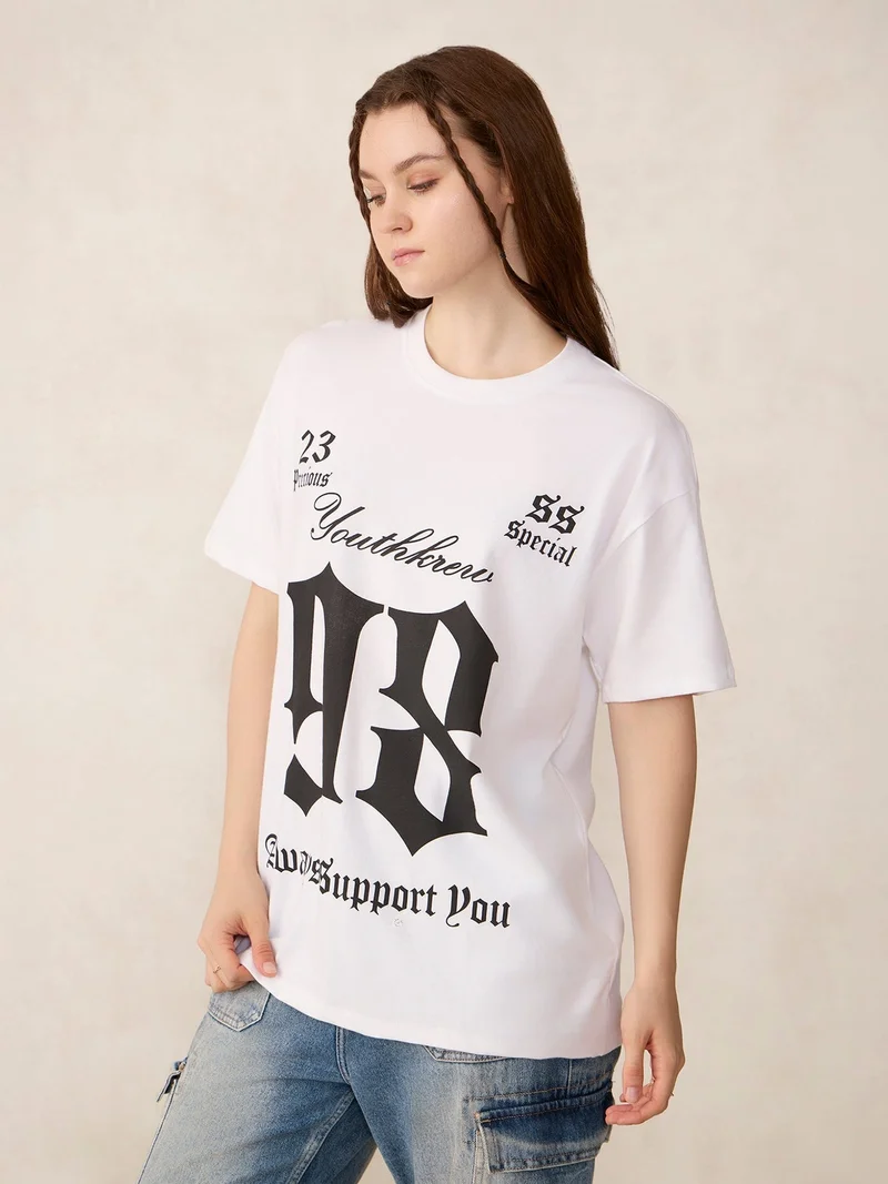 Outzidr white White Graphic Oversized T-Shirt for Women | Best Price UAE
