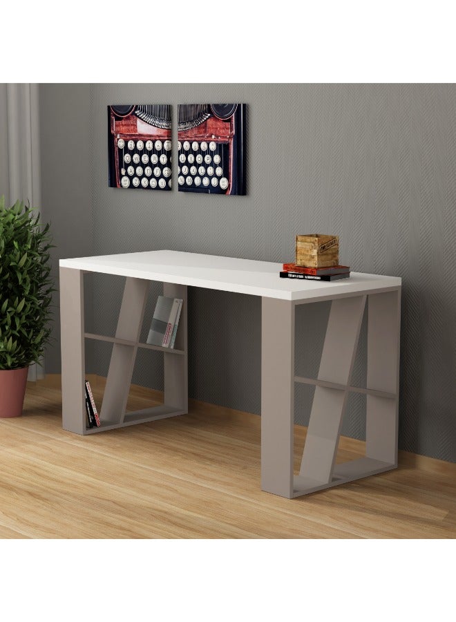 Mourah Home Honey Modern Working Table With Storage Study Desk For Home Study Room Office With Open Shelf Simple Design  60X75X137 Cm White/Light Mocha - Image 1