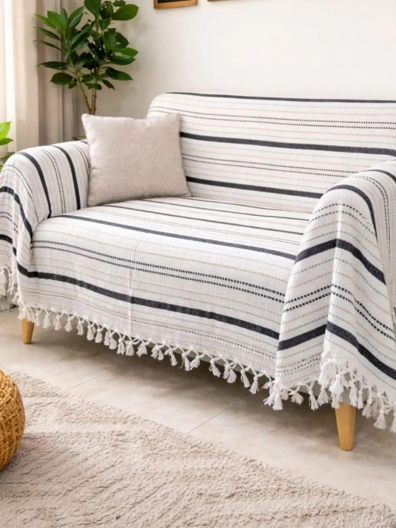 Generic Cotton Fringed Bedspread with Striped Pattern, Heavy Fabric Sofa Throw, (white with black),250x240 cm .sr