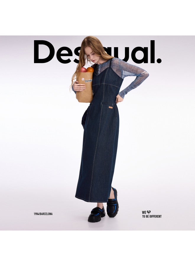 DESIGUAL فستان دنيم بدون حمالات بتصميم نحيف ss25 - Image 4