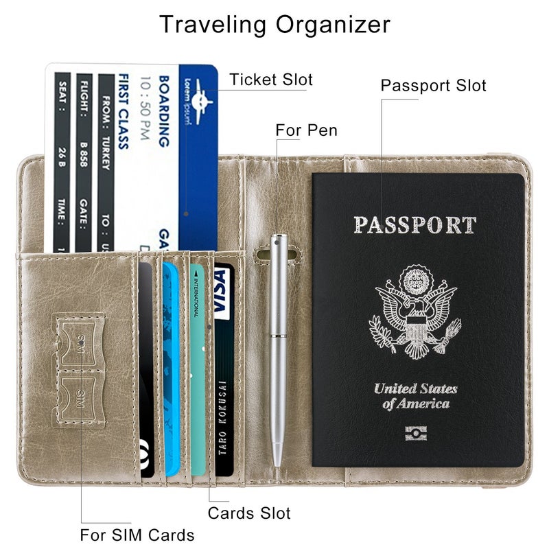 WALNEW Passport Holder for Travel, RFID Passport Cover Wallet for Women Men, PU Leather Passport Book Card Holder Case with Pen, Travelling Essentials for Flying - Image 3