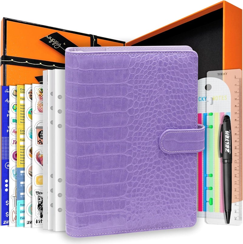 Zelten PU Leather Personal Notebook Planner with 80 Pages Loose-Leaf Papers 6 Holes Ring Binder Pen Holder Magnetic Buckle (Lavender Crocodile Pattern, A5 Gift Box) - Image 1