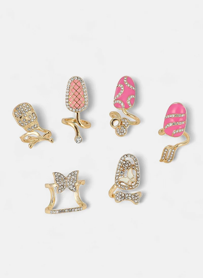 SOHI SOHI Women The Belle Nail Ring Set | California  Colour | Set Of 6 | One-Size | Artificial Stone Alloy Material | Adjustable Closure | Ring For Casual & Evening Wear