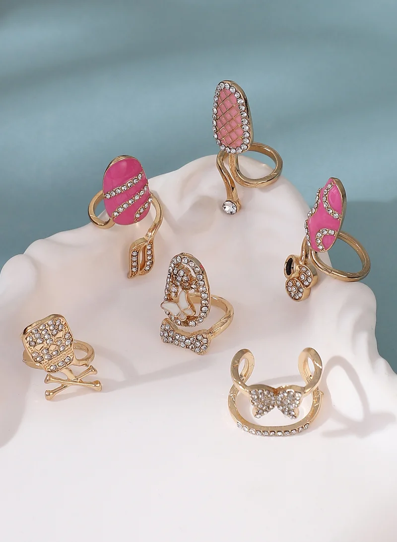 SOHI SOHI Women The Belle Nail Ring Set | California  Colour | Set Of 6 | One-Size | Artificial Stone Alloy Material | Adjustable Closure | Ring For Casual & Evening Wear