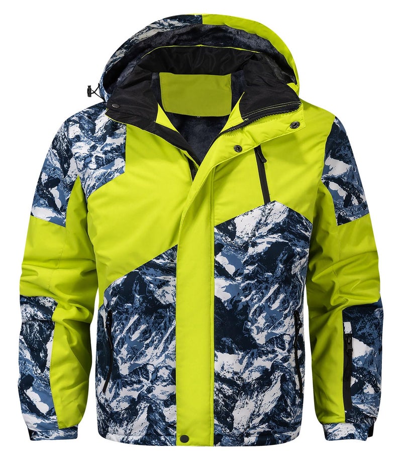 FTIMILD Men Winter Ski Jacket Waterproof High Visibility Fleece Lined Patchwork Hooded Coat - Image 1