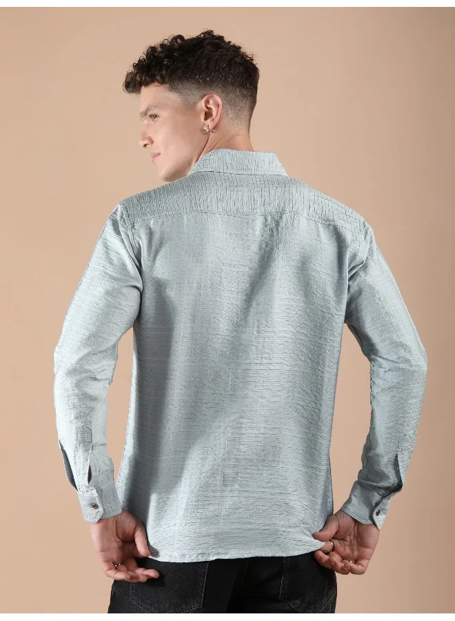 Beyoung Mist Grey Textured Check Shirt