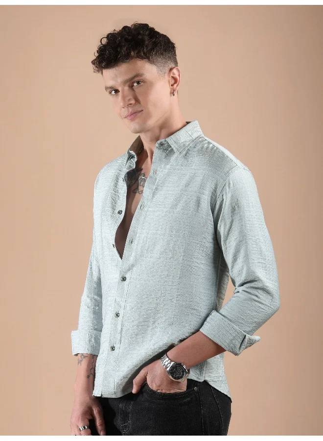 Beyoung Mist Grey Textured Check Shirt