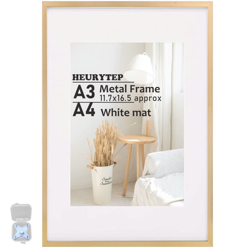 HEURYTEP HEURYTEP A3 Picture Frame 117 x 165 inch Metal Frame with A4 Mat Aluminum Alloy A3 Picture Frame with High Definition Plexiglass Horizontal or Vertical Wall Gallery Metal Poster Frames Table Top Display or Wall Mounting Twilight Gold 1pc