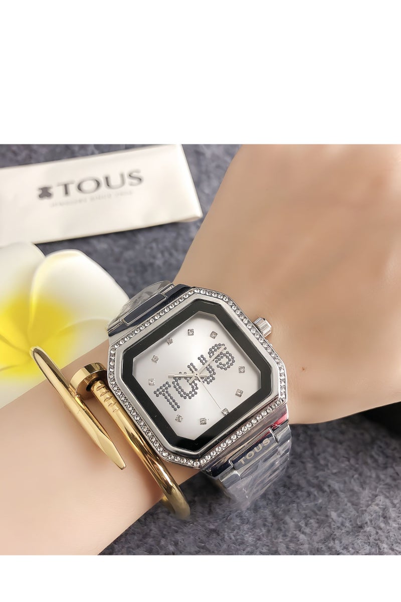 TOUS Silver - Tone Watch: Diamond Bezel, Logo Dial  Octagonal Case