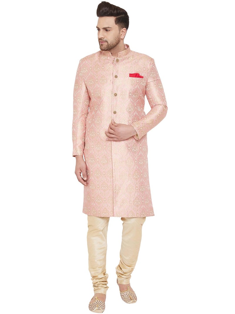 VASTRAMAY Men's Pink And Gold Silk Blend Sherwani Set - Brocade Sherwani And Pyjama Set, Solid - Image 1