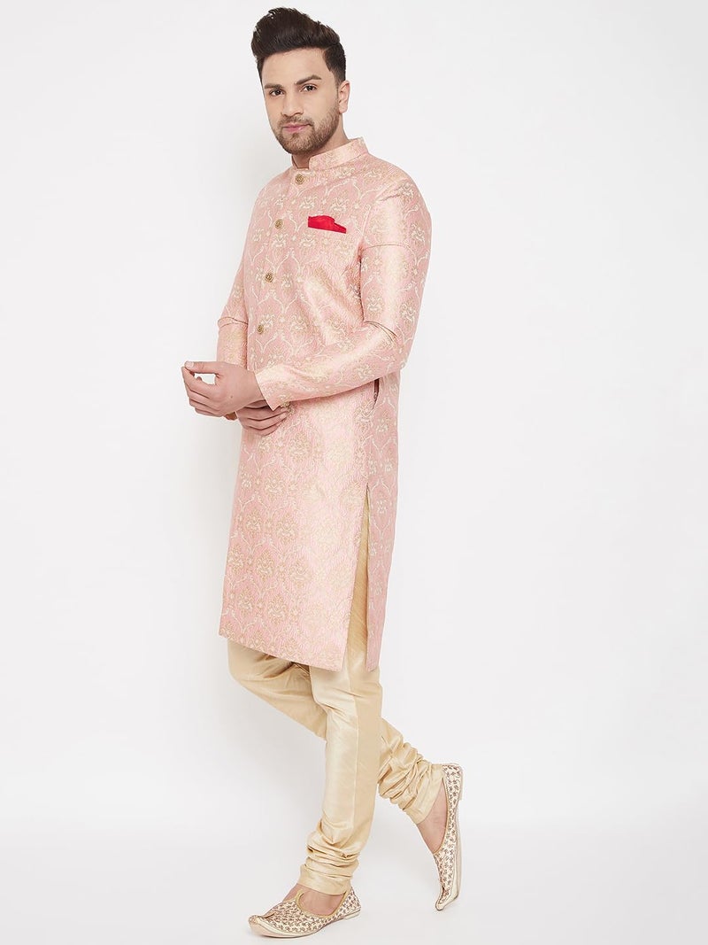 VASTRAMAY Men's Pink And Gold Silk Blend Sherwani Set - Brocade Sherwani And Pyjama Set, Solid - Image 2