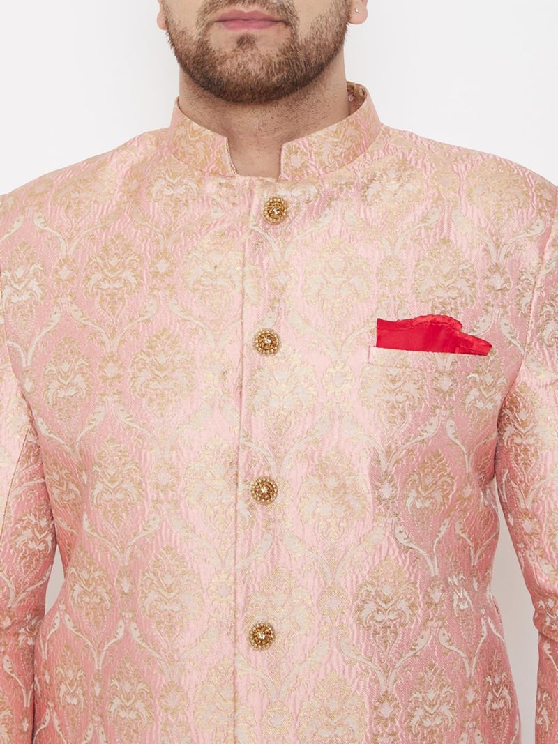 VASTRAMAY Men's Pink And Gold Silk Blend Sherwani Set - Brocade Sherwani And Pyjama Set, Solid - Image 3