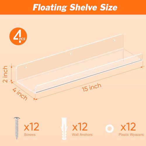 Dooiclear 4 Pack Floating Shelves for Wall 15 Clear Book Shelf Acrylic Floating Wall Shelf Display Shelves Organizer for Bathroom Classroom Bedroom Living Room Kitchen Room Decor - Image 3